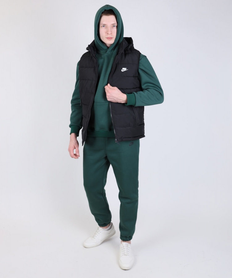 Спортивный костюм Nike тройка (худи+брюки) на флисе (Зелёный) + жилетка (Черная), Размер 48 (L)
