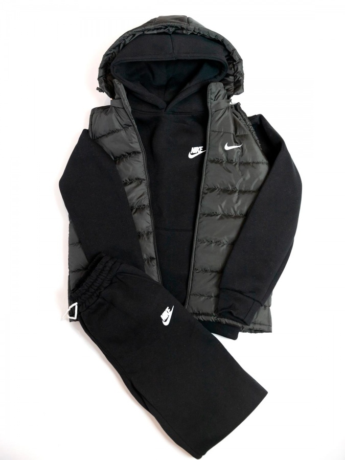 Спортивный костюм Nike тройка на флисе (Черный) + жилетка (Черная), Размер 56 (3XL)