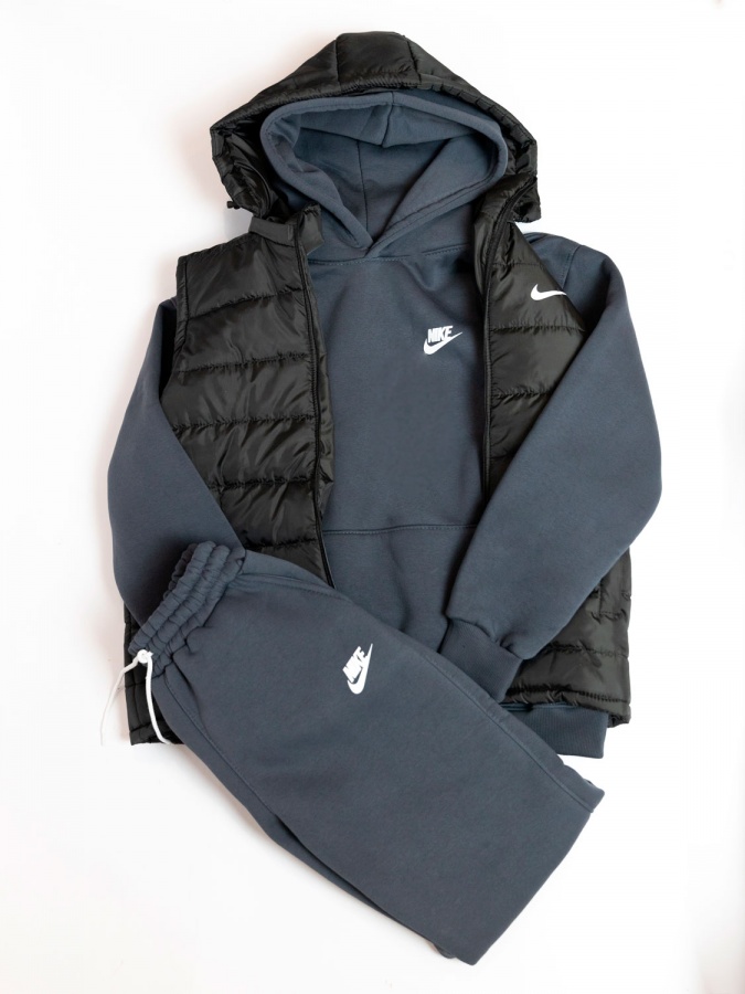 Спортивный костюм Nike тройка на флисе (Темно-Серый) + жилетка (Черная), Размер 56 (3XL)