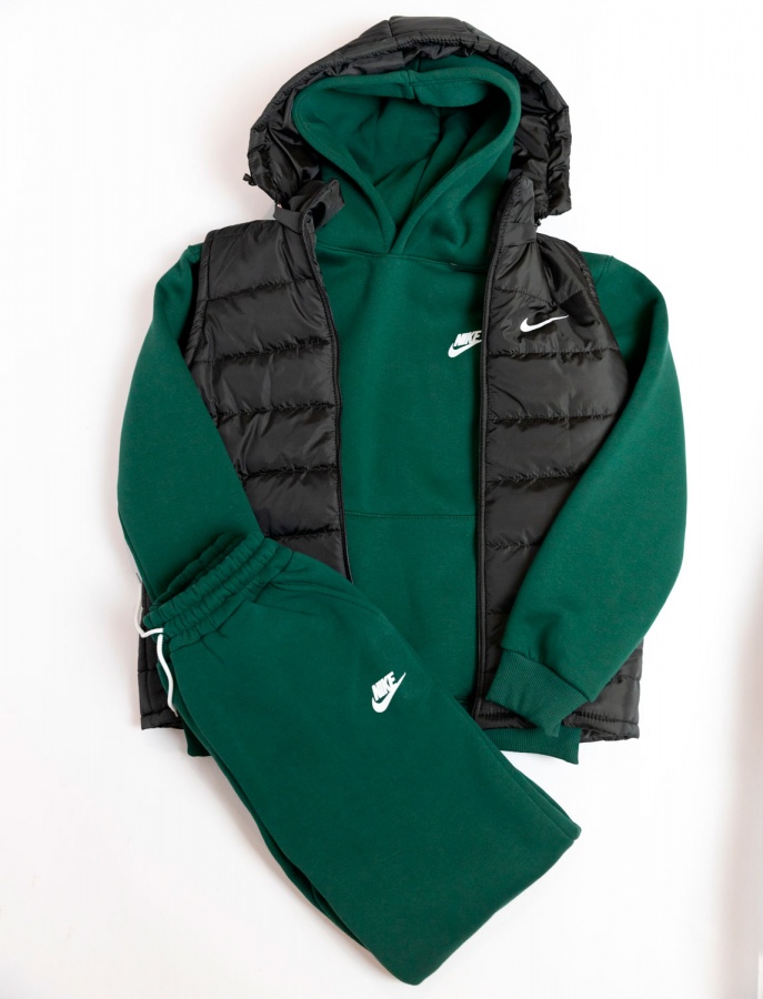 Спортивный костюм Nike тройка на флисе (Зеленый) + жилетка (Черная), Размер 56 (3XL)