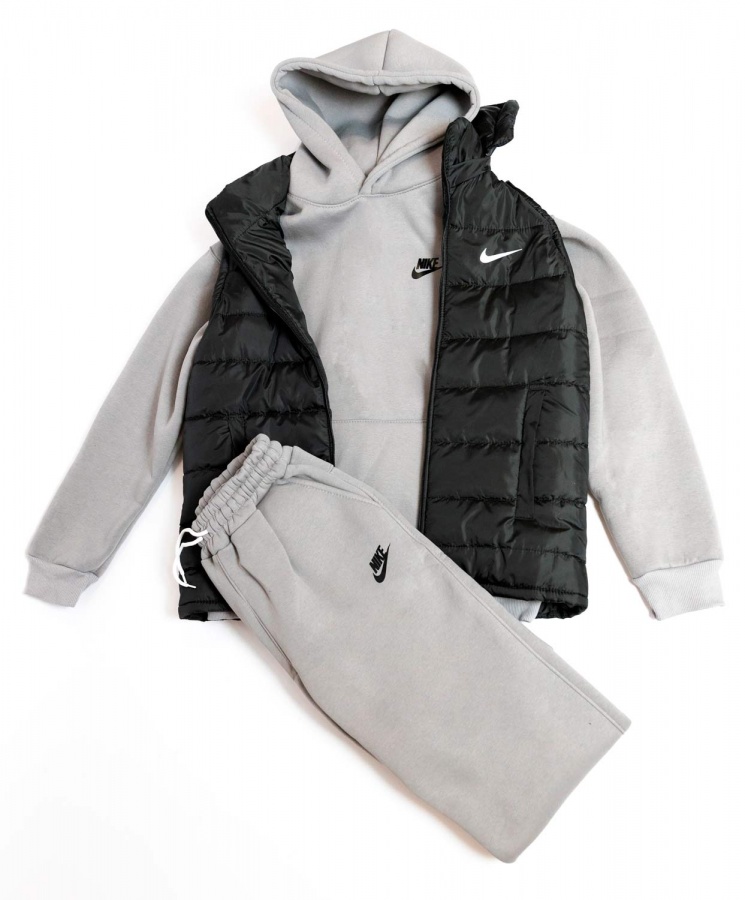 Спортивный костюм Nike тройка на флисе (Серый) + жилетка (Черная), Размер 56 (3XL)