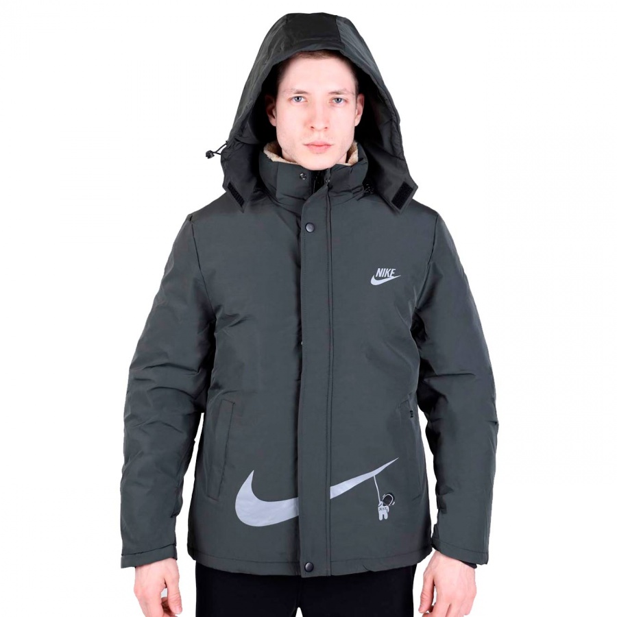 Куртка мужская зимняя утепленная Nike, серая, с капюшоном, размер 48